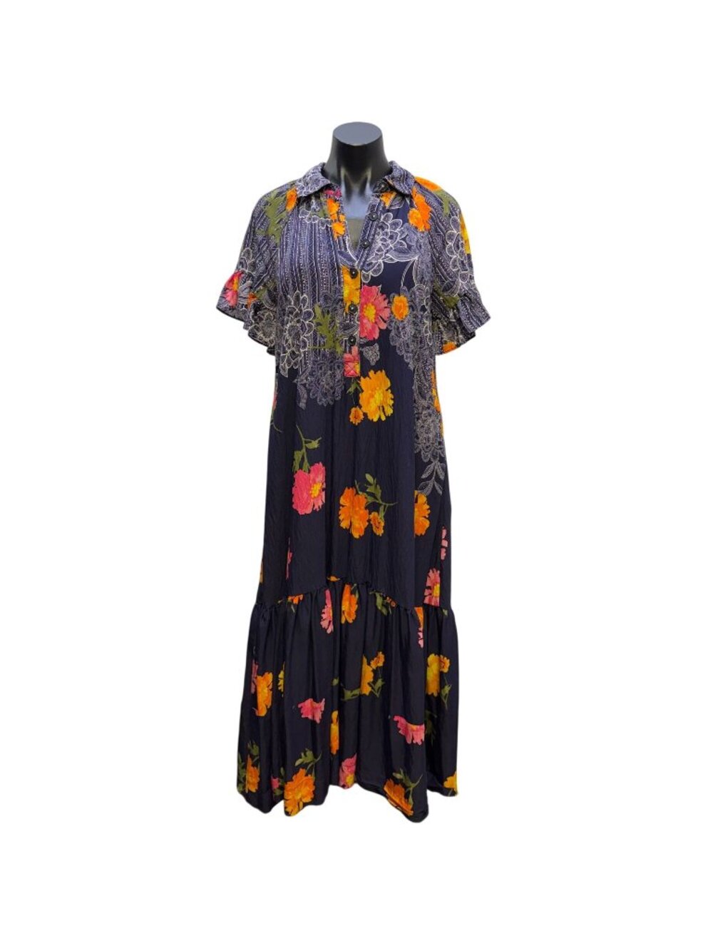 By Anthropologie Navy Multi Floral Button-Down Maxi Dress XS
